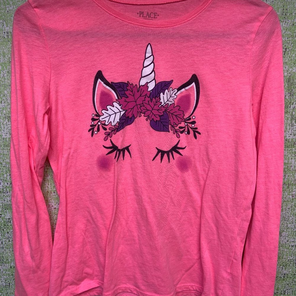 Childrens Place Unicorn Tee Shirt Youth Girls Size XXL 14-16 Neon Pink Long Slee